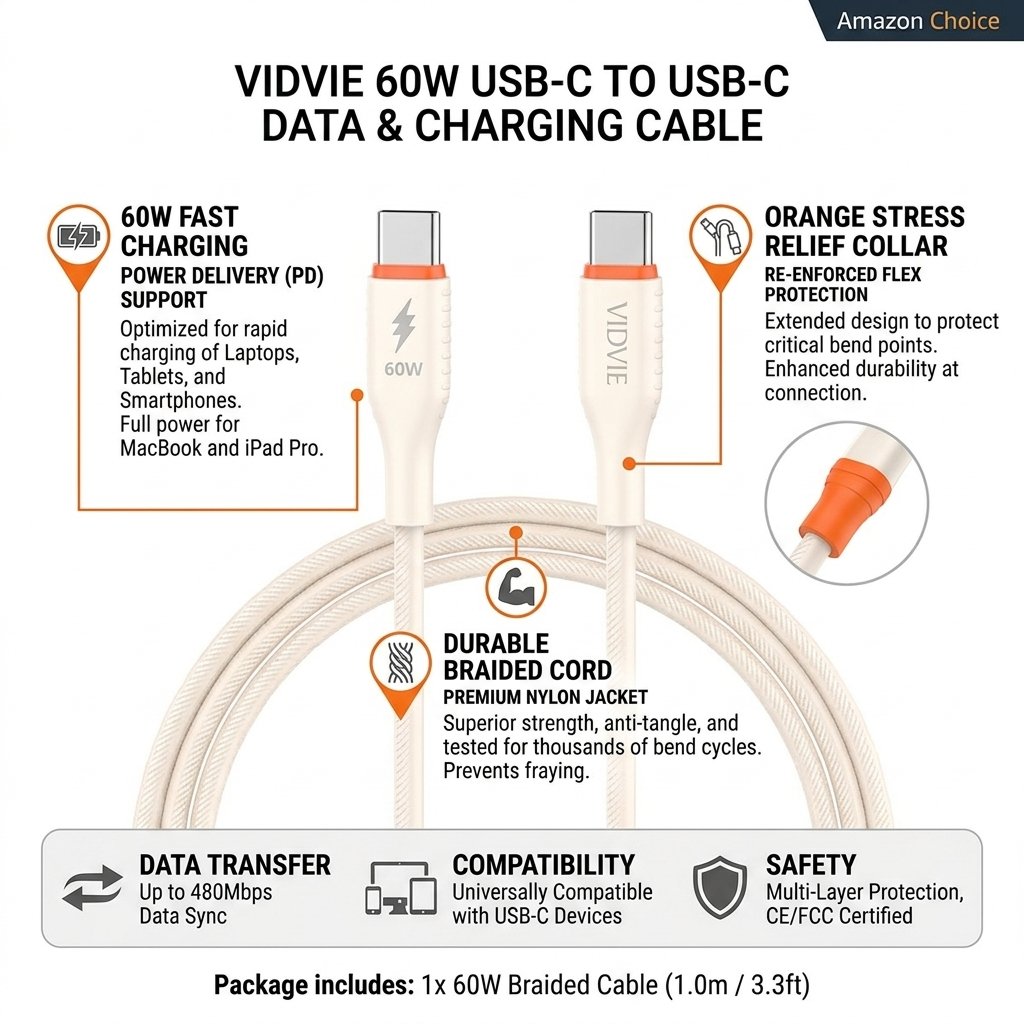 CABLE VIDVIE CB4050C TYPE-C TO TYPE C 60W